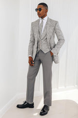 Gray Jacquard Peaked Lapel 3-Piece Prom Suit