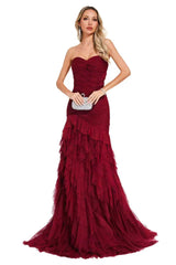 Charming Burgundy Sweetheart Strapless Sleeveless Tulle Prom Dresses Sheath With Pleats
