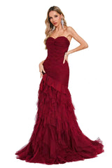 Charming Burgundy Sweetheart Strapless Sleeveless Tulle Prom Dresses Sheath With Pleats