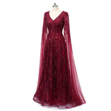 Romantic Burgundy V-Neck Long Sleeves Prom Dresses A-Line Beads With Zipper