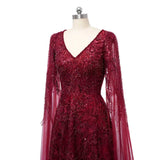 Romantic Burgundy V-Neck Long Sleeves Prom Dresses A-Line Beads With Zipper