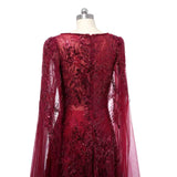 Romantic Burgundy V-Neck Long Sleeves Prom Dresses A-Line Beads With Zipper