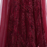 Romantic Burgundy V-Neck Long Sleeves Prom Dresses A-Line Beads With Zipper
