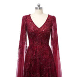 Romantic Burgundy V-Neck Long Sleeves Prom Dresses A-Line Beads With Zipper