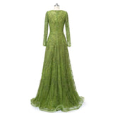 Glamorous Green V-Neck Long Sleeves A-Line Prom Dresses Long Beads With Zipper