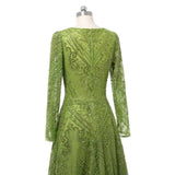 Glamorous Green V-Neck Long Sleeves A-Line Prom Dresses Long Beads With Zipper