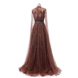 Timeless Chocolate High Collar Long Sleeves Tulle Prom Dresses A-Line With Beads Pleats