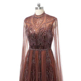 Timeless Chocolate High Collar Long Sleeves Tulle Prom Dresses A-Line With Beads Pleats