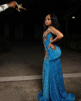 Blue Sparkle Sleeveless Sequin Mermaid Gold Sparkle Floor length Prom Dresses