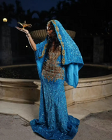 Blue Sparkle Sleeveless Sequin Mermaid Gold Sparkle Floor length Prom Dresses