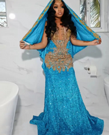 Blue Sparkle Sleeveless Sequin Mermaid Gold Sparkle Floor length Prom Dresses