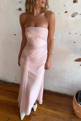 Blushing Pink Strapless Pleats Ankle Length Evening Bridesmaid