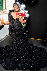 Charming Black Off-The-Shoulder Mermaid Sequin Prom Dresses Sheath Long With Flower-Ballbella