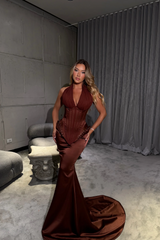 Charming Brown Halter V-Neck Sleeveless Satin Prom Dresses Mermaid Sheath With Pleats-Ballbella