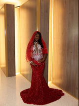 Charming Burgundy Sleeveless Sequin Prom Dresses Mermaid Sheath With Gem-Ballbella