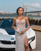 Charming Sweetheart Strapless Sleeveless Mermaid Prom Dresses Floor Length Gem With High Split-Ballbella