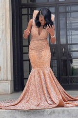 Charming V-Neck Sleeveless Mermaid Prom Dresses Column With Beads-Ballbella