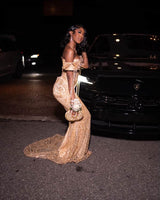 Classic Off-The-Shoulder Mermaid Prom Dresses Column Long With Gem-Ballbella