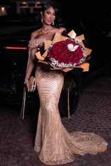 Classic Off-The-Shoulder Mermaid Prom Dresses Column Long With Gem-Ballbella