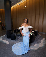 Classic Sky Blue White Off-The-Shoulder Mermaid Prom Dresses Sheath Long With Gem-Ballbella
