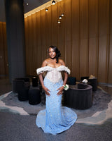Classic Sky Blue White Off-The-Shoulder Mermaid Prom Dresses Sheath Long With Gem-Ballbella