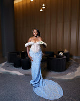 Classic Sky Blue White Off-The-Shoulder Mermaid Prom Dresses Sheath Long With Gem-Ballbella