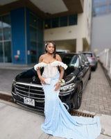 Classic Sky Blue White Off-The-Shoulder Mermaid Prom Dresses Sheath Long With Gem-Ballbella