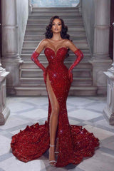 Dazzling Burgundy Sweetheart Strapless Sequin Prom Dresses Mermaid Sheath Long With Side Split-Ballbella