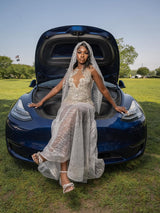 Dazzling V-Neck Sleeveless Mermaid Prom Dresses Floor Length With Gem-Ballbella