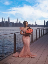 Elegant Dusty Rose Off-The-Shoulder Sweetheart Prom Dresses Mermaid Column Floor Length With Beads-Ballbella