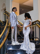 Elegant Off-The-Shoulder Short Sleeves Mermaid Prom Dresses Floor Length With Gem-Ballbella