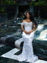 Elegant Off-The-Shoulder Short Sleeves Mermaid Prom Dresses Floor Length With Gem-Ballbella