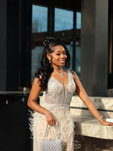 Elegant Straps V-Neck Sleeveless Mermaid Prom Dresses Beads With Feather-Ballbella