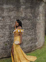 Elegant Yellow Off-The-Shoulder Short Sleeves Mermaid Prom Dresses Beads With High Split-Ballbella