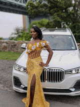 Elegant Yellow Off-The-Shoulder Short Sleeves Mermaid Prom Dresses Beads With High Split-Ballbella