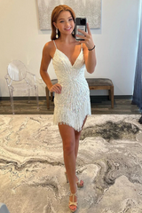 Hot V-neck White Tassels Short Straps Homecoming Dresses