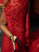 Glamorous Burgundy V-Neck Strapless Sleeveless Mermaid Prom Dresses Sheath Gem With High Split-Ballbella