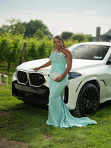 Glamorous Mint Strapless Sleeveless Mermaid Prom Dresses Column Long With Gem-Ballbella