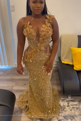 Gold Sleeveless Flowers Sequin Column Floor length Sparkle Prom Dresses