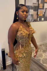 Gold Sleeveless Flowers Sequin Column Floor length Sparkle Prom Dresses