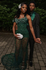 New Arrival Dark Green Sparkle Beads Mermaid Court Train Mermaid Prom Dresses-Ballbella