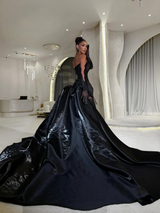 Off-the-shoulder Black Lace Bateau Neck Long Sleeves Pleated Prom Dress with Train