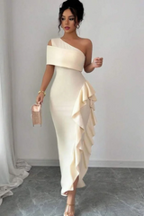 One Shoulder High Low Ruffles Mermaid Evening Bridesmaid Dresses-Ballbella