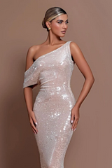 One Shoulder Unique Neckline Cap Sleeves Floor Length Mermaid Prom Dresses-Ballbella