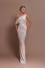 One Shoulder Unique Neckline Cap Sleeves Floor Length Mermaid Prom Dresses-Ballbella