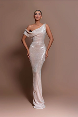 One Shoulder Unique Neckline Cap Sleeves Floor Length Mermaid Prom Dresses-Ballbella