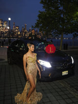 Romantic V-Neck Strapless Sleeveless Mermaid Prom Dresses Sheath Gem With High Split-Ballbella