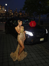 Romantic V-Neck Strapless Sleeveless Mermaid Prom Dresses Sheath Gem With High Split-Ballbella