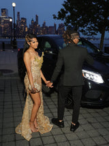Romantic V-Neck Strapless Sleeveless Mermaid Prom Dresses Sheath Gem With High Split-Ballbella