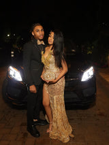Romantic V-Neck Strapless Sleeveless Mermaid Prom Dresses Sheath Gem With High Split-Ballbella